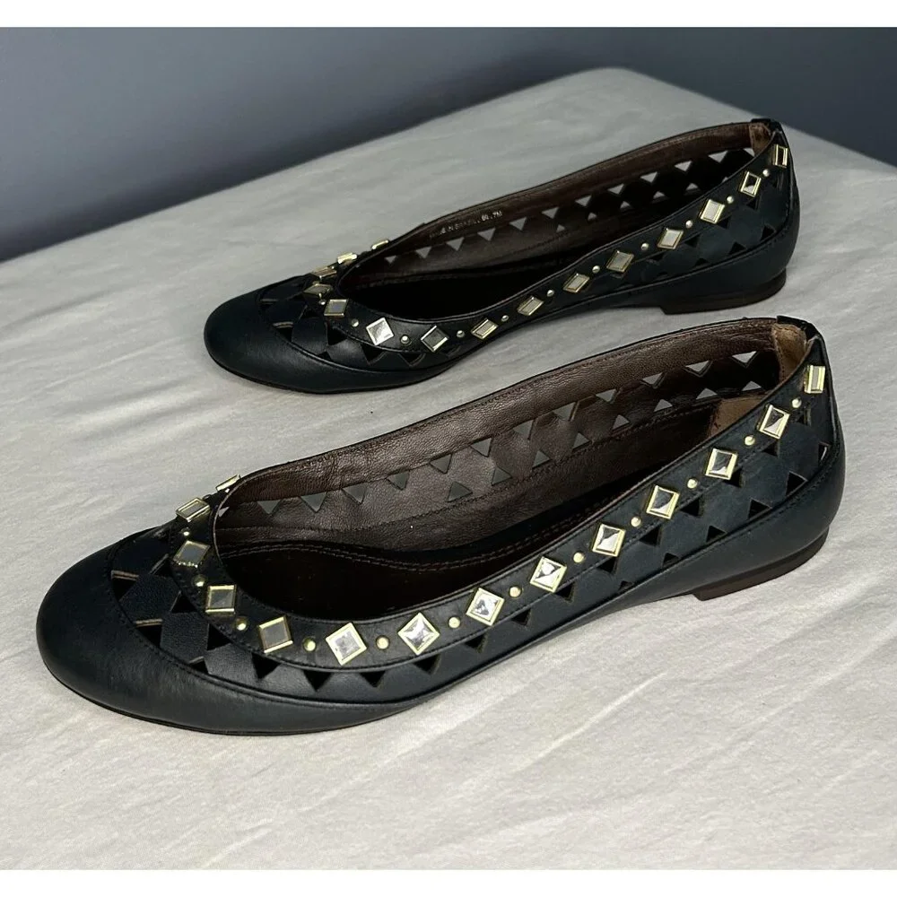 Tory Burch Shoes Womens 7 Black Kingsbridge Leather Ballet Flats Mirrored Cutout